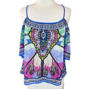 Flying Tomato Colorful Boho Print Semi Sheer Jewel Tone Cold Shoulder Top M